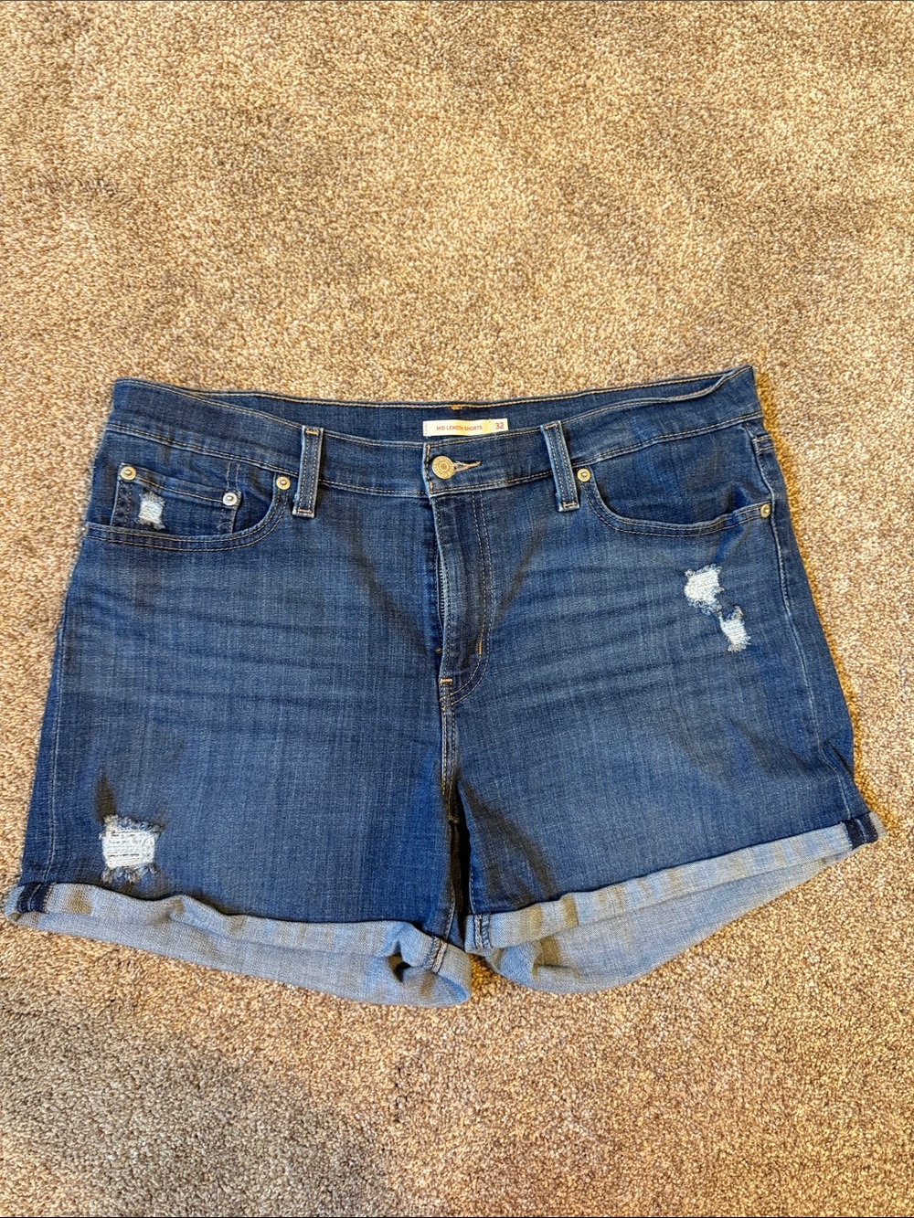 Levi's Dark Blue Distressed Roll-Cuff Jean Shorts